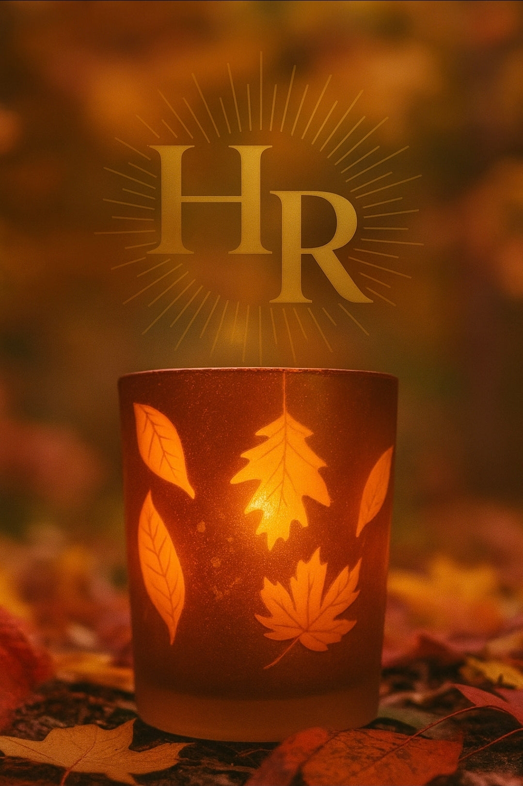 Decorative candle with leaf patterns and HarleyRae initials on a blurred autumn background