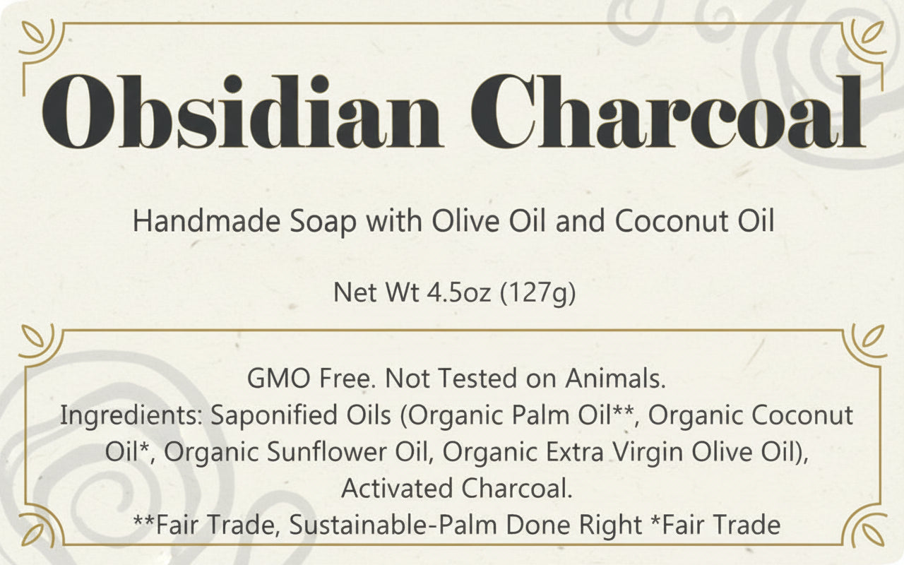 Label for Obsidian Charcoal handmade soap with olive oil and coconut oil, featuring ingredients and product details.