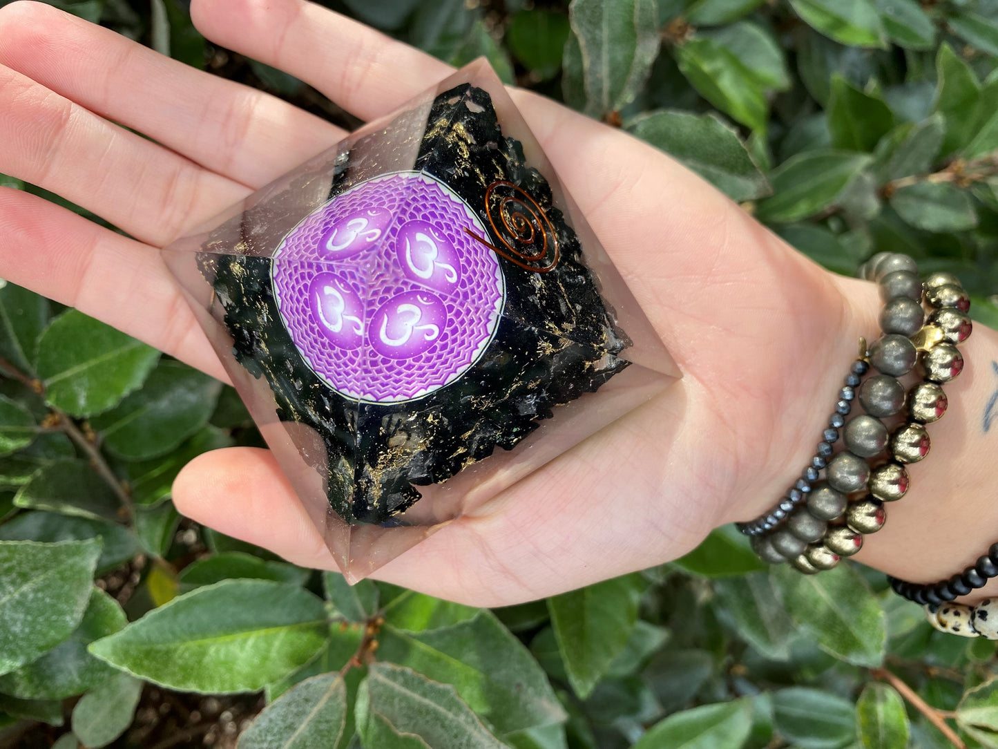 BLACK TOURMALINE OM SIGN ORGONITE PYRAMID