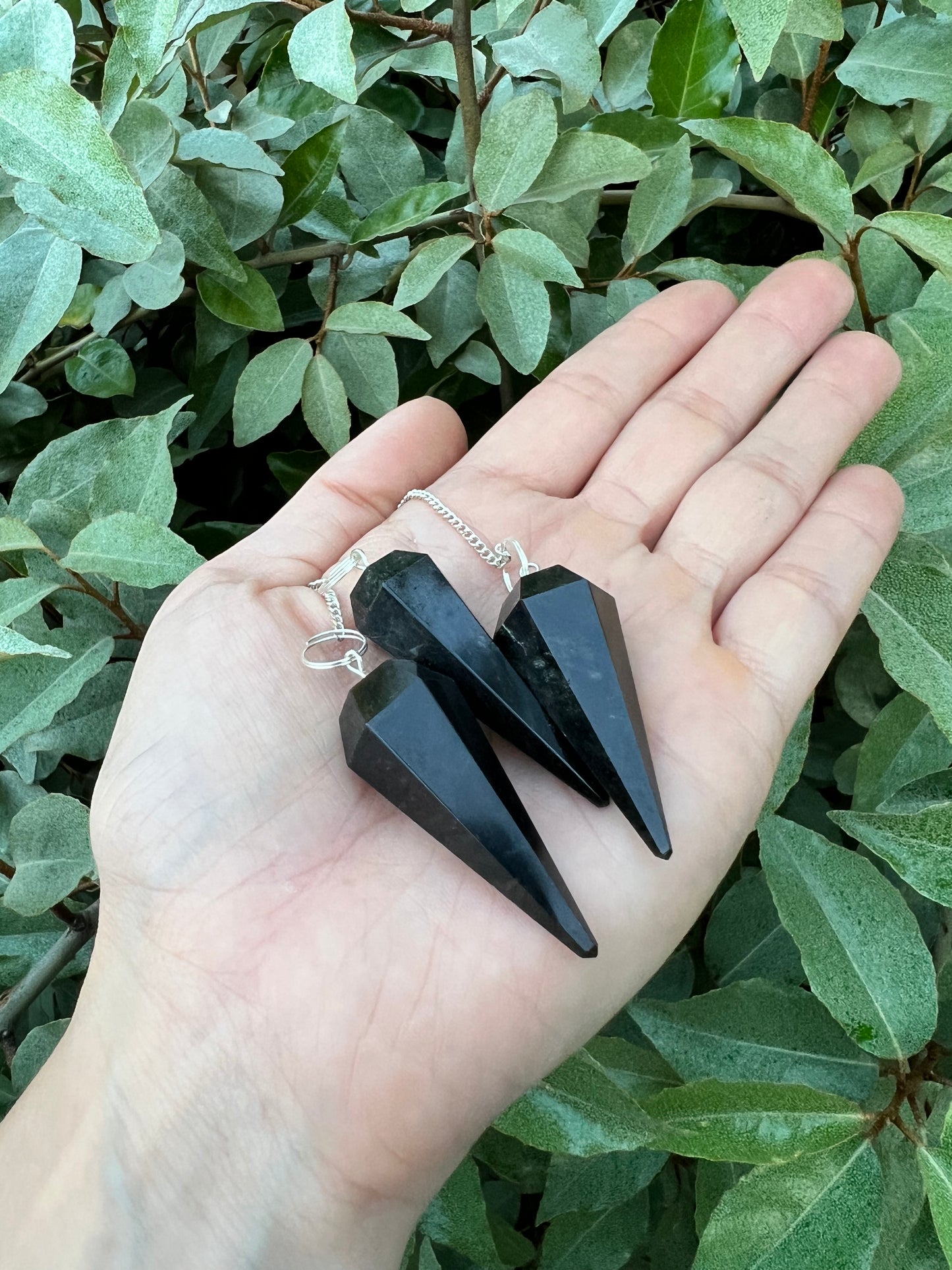 HarleyRae holding two black Tourmaline pendulums 