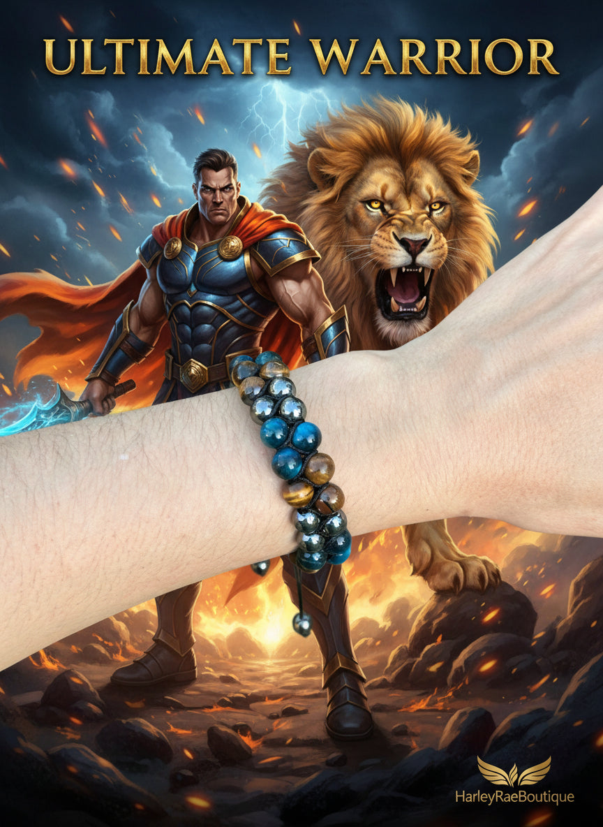 A person's wrist wearing a bracelet composed of round beads in shades of blue and brown, with a green leafy background.