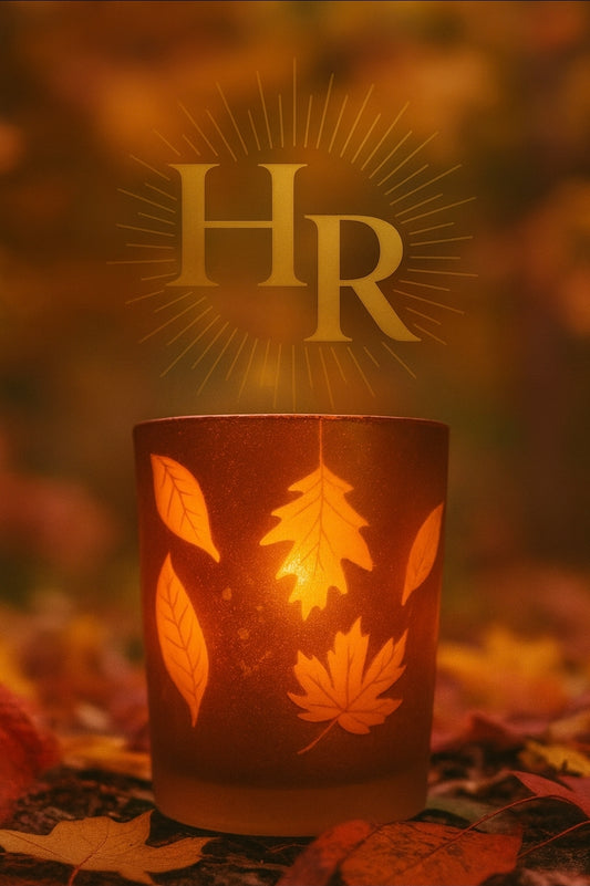 Decorative candle with leaf patterns and HarleyRae initials on a blurred autumn background