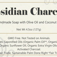 Label for Obsidian Charcoal handmade soap with olive oil and coconut oil, featuring ingredients and product details.