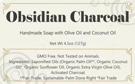 Label for Obsidian Charcoal handmade soap with olive oil and coconut oil, featuring ingredients and product details.