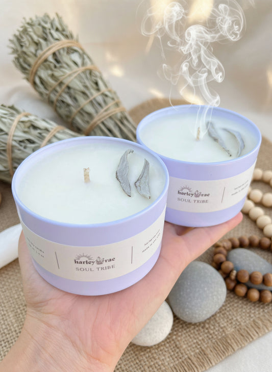 Soul tribe candles with soy wax and braided wicks, in backdrop of Sage.