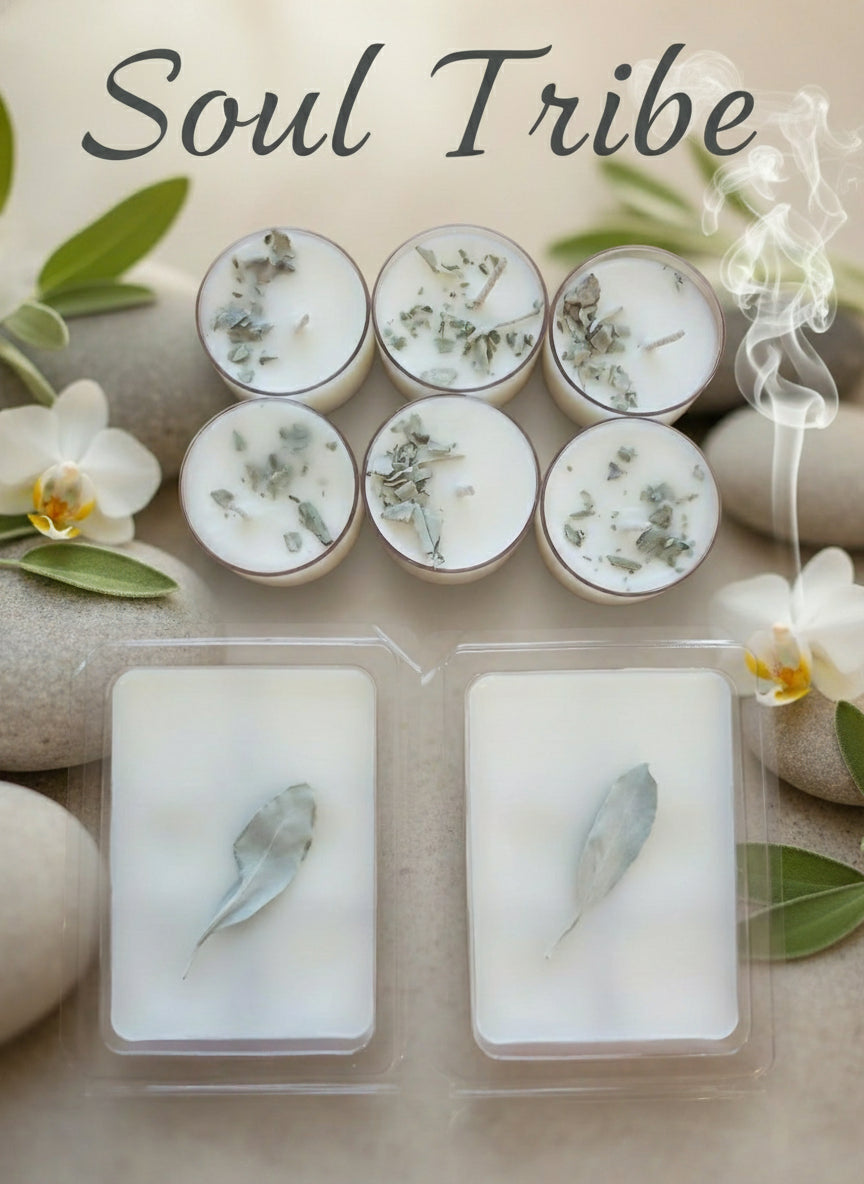 A set of four soy wax melt candles. Two are in clear packaging, and two are out of packaging showing the white wax and a sprig of herbs.