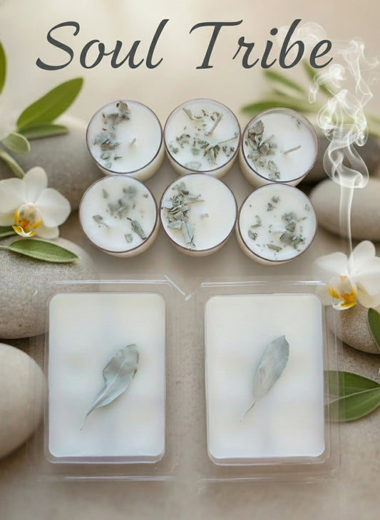 A set of four soy wax melt candles. Two are in clear packaging, and two are out of packaging showing the white wax and a sprig of herbs.